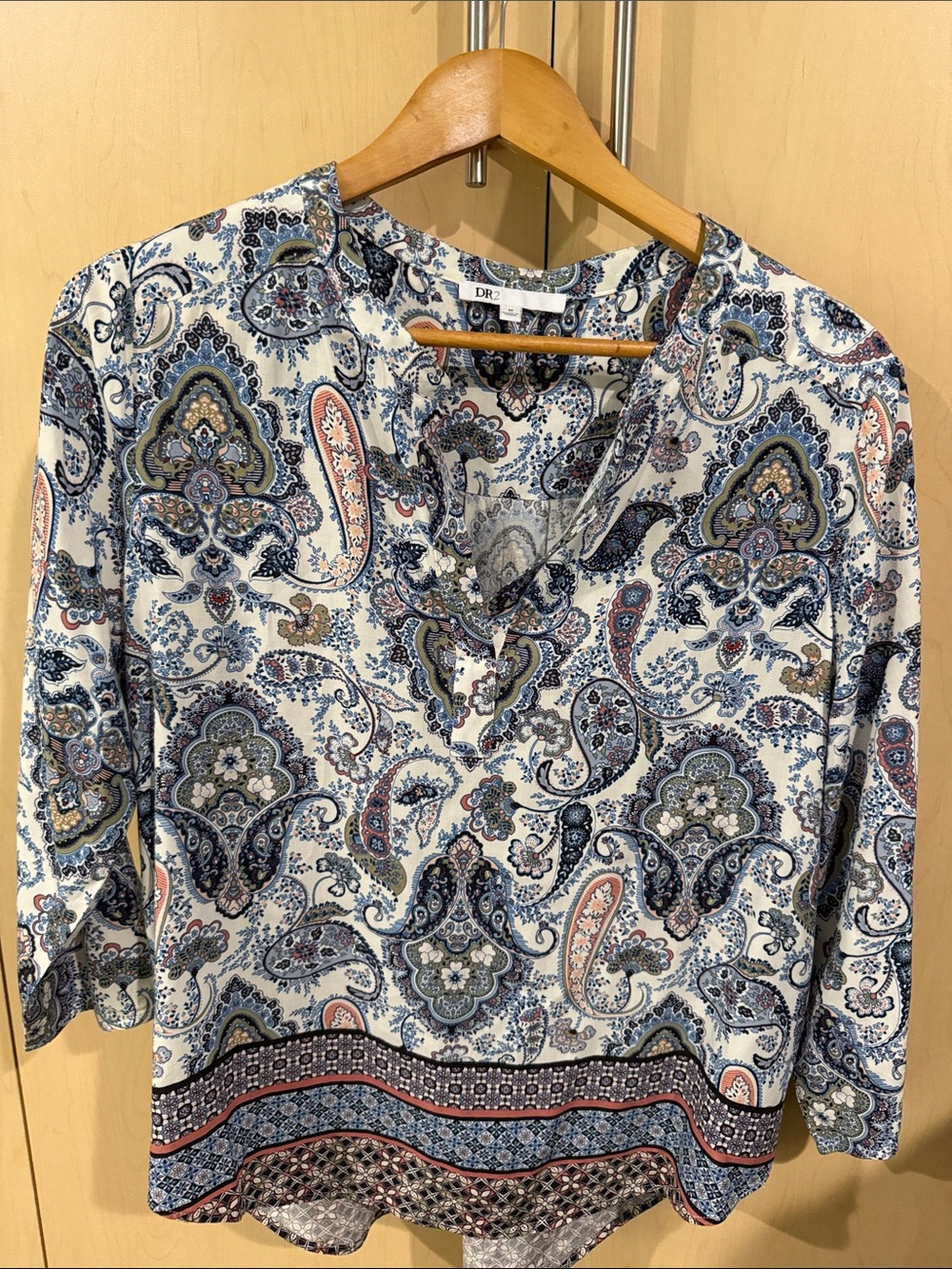 DR2 Paisley V-Neck Tunic in White with Blue and Pink Accents